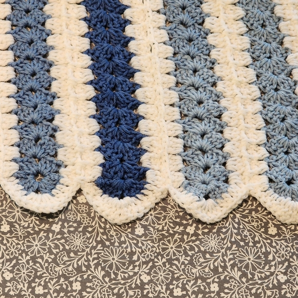 Handcrafted Blue & White Striped Scalloped Afghan Blanket - Picture 2 of 3